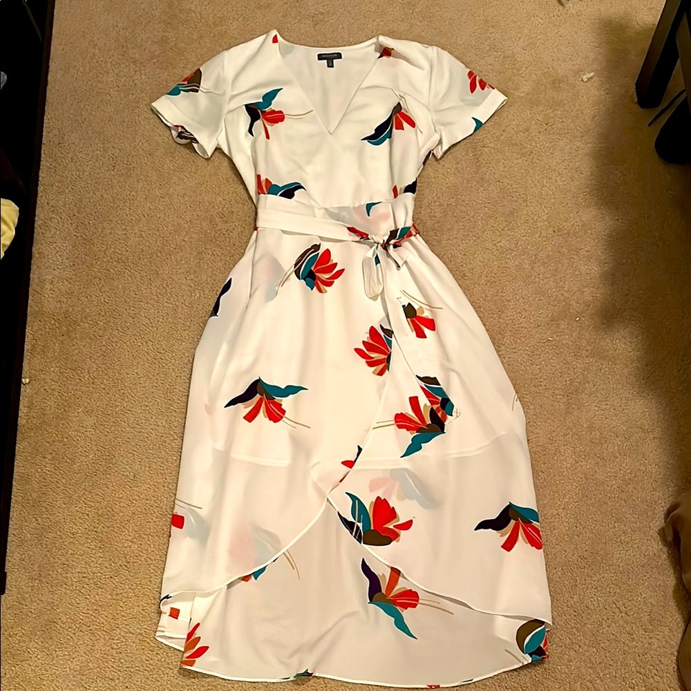 Floral Faux Wrap Dress in White with Multicolor Accents